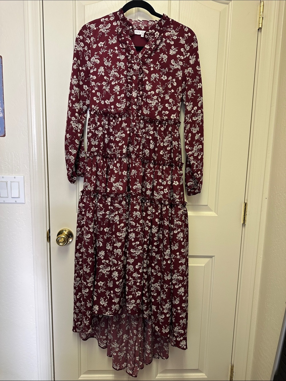 Ivy City Co Burgundy and White Floral Tiered Long Sleeve Maxi Dress